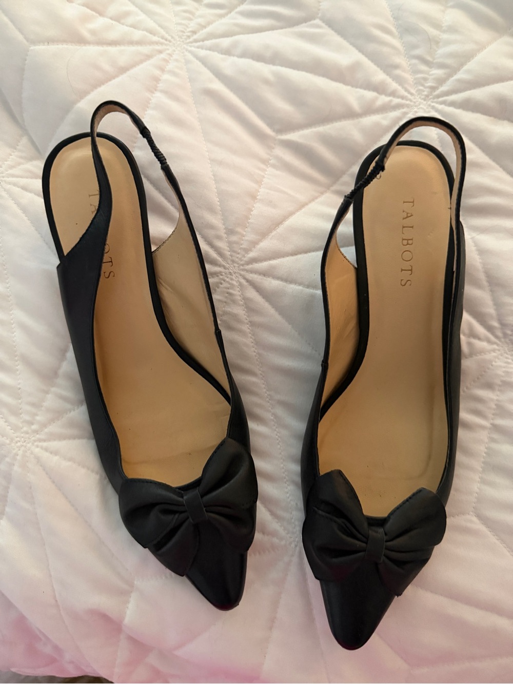 Talbots Black Pointed Toe Slingback Flats with Bow